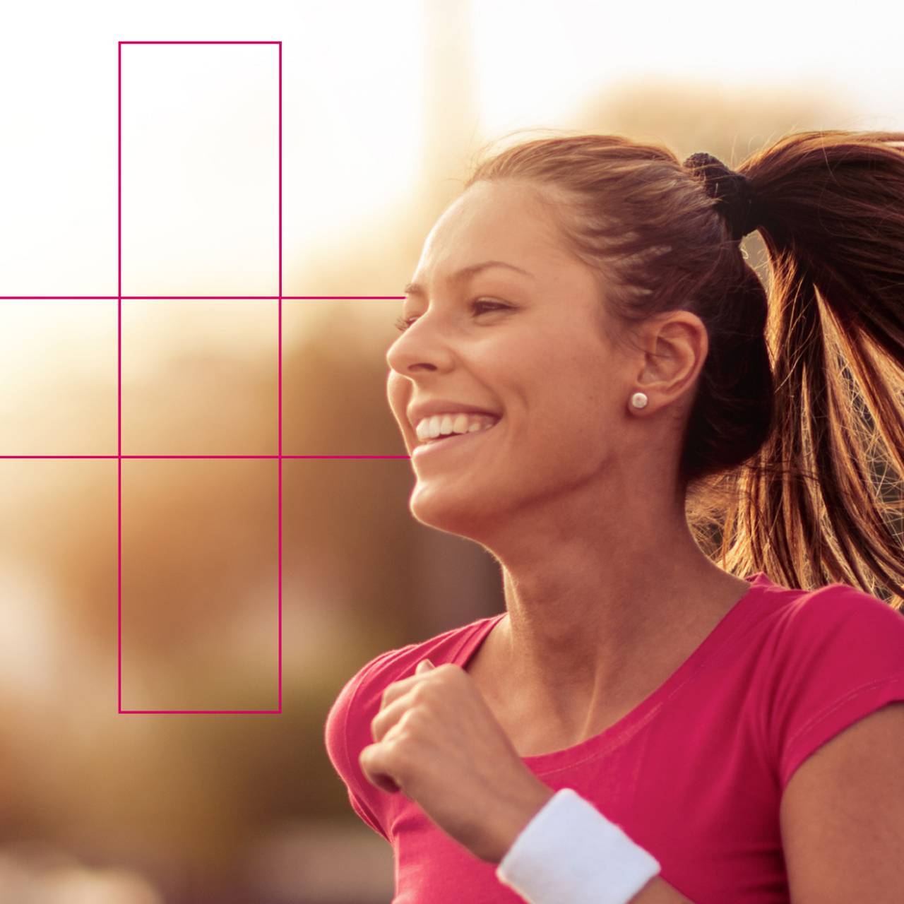 woman jogging with square health plus in background