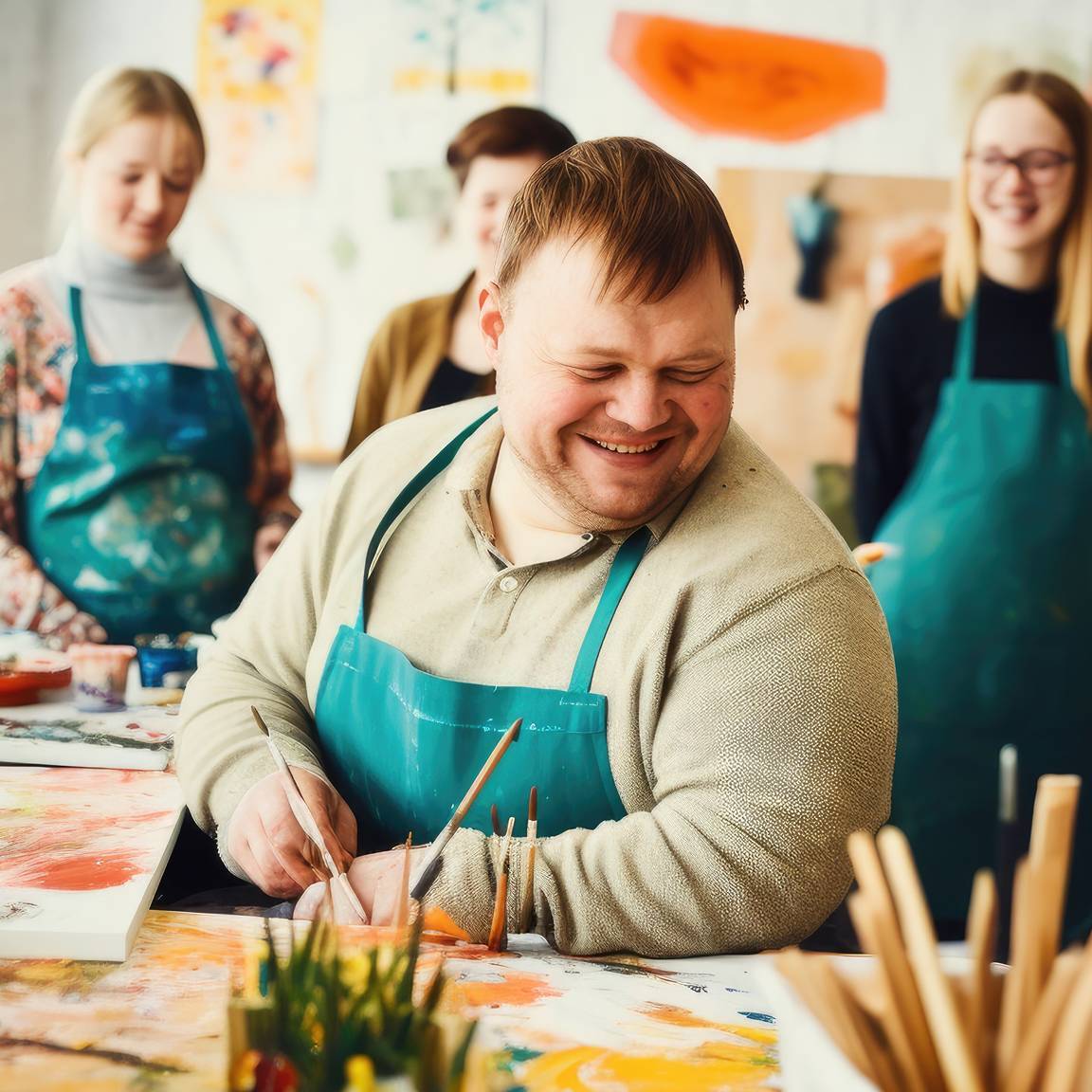 group of people in aprons in art studio